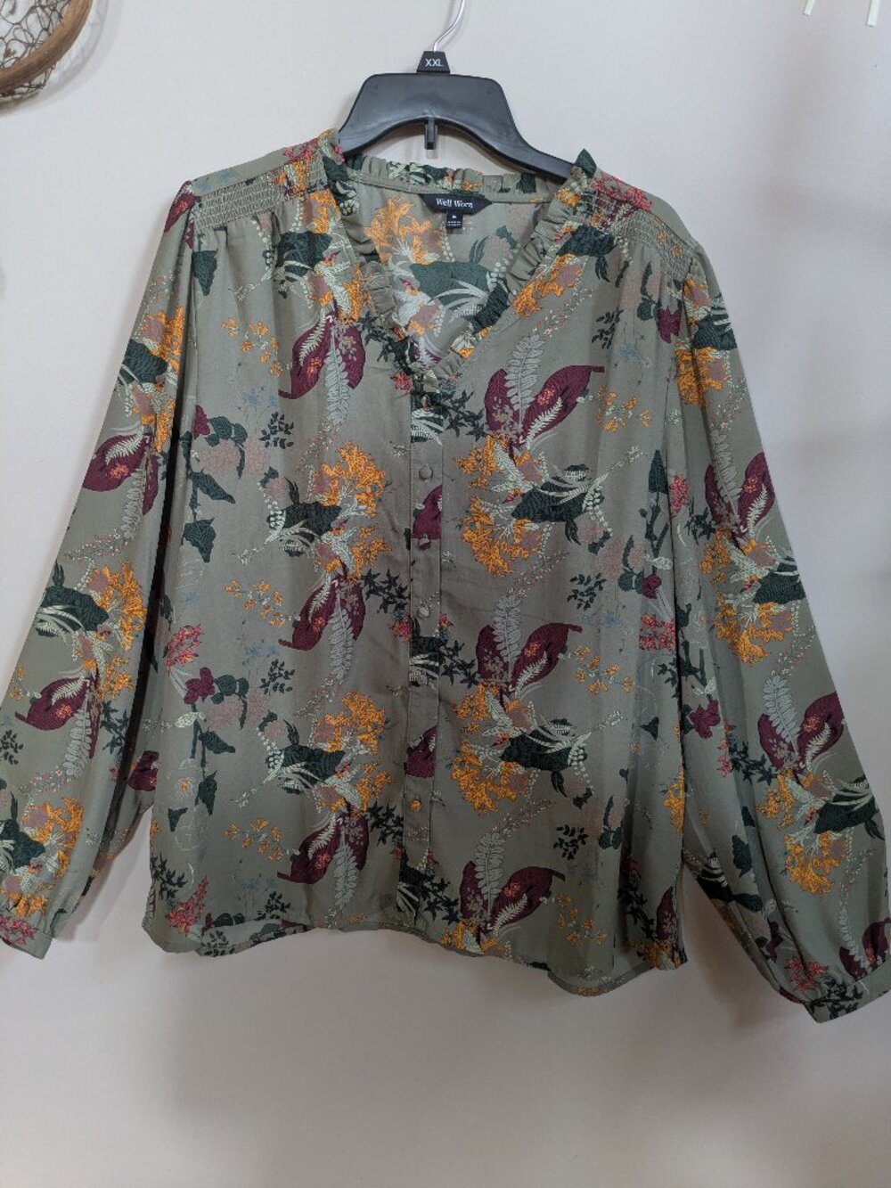 well worn green fall floral button up long sleeve blouse size XL #492
